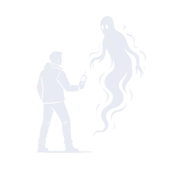 Illustration of a man holding a device facing a ghost.
