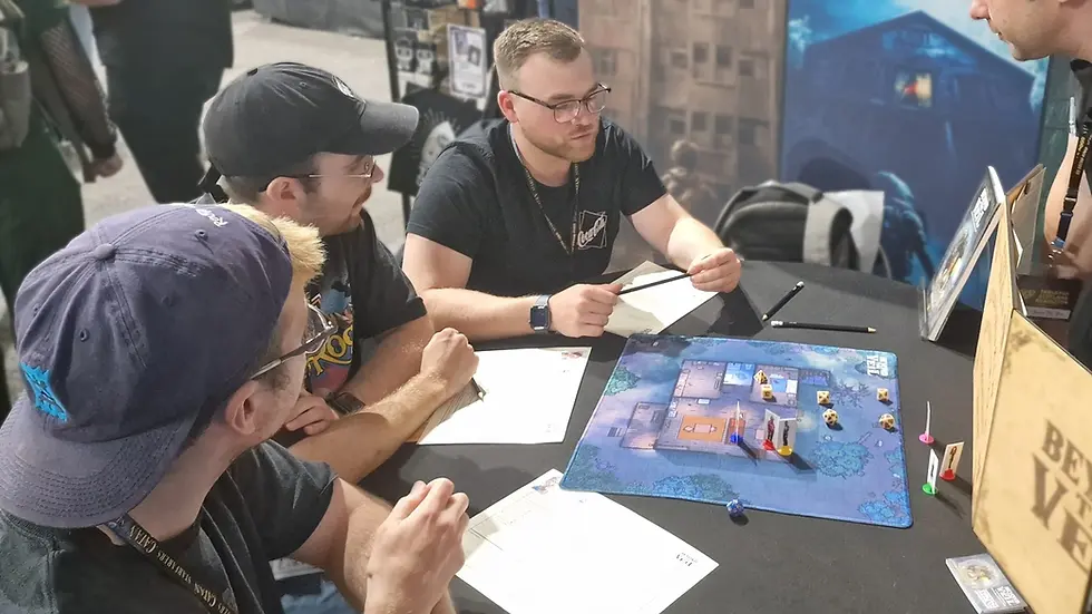 friends sit around a table playing the ttrpg Beyond the Veil