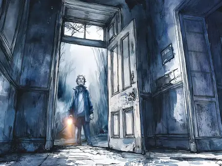 A man stands at the door to an abandoned house, he is holding a flashlight