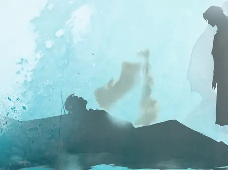 A woman stands over a dying man as his soul leaves his body