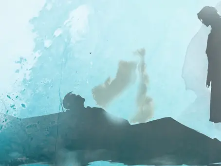 A woman stands over a dying man as his soul leaves his body