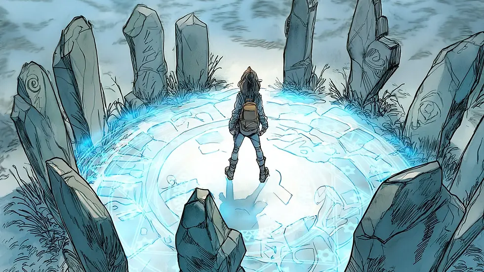 A woman stands within the druids circle, a power unseen hums beneath her feet.