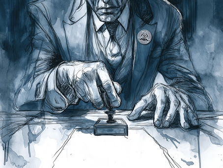A Supernatural & Paranormal Society member stamps a confidential document