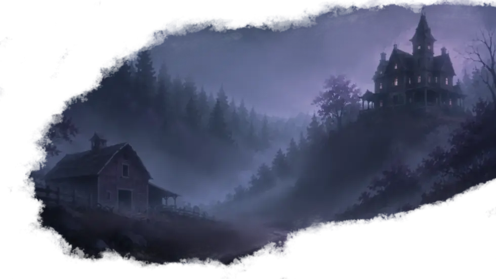 Spooky mansion on a hill overlooking a misty valley