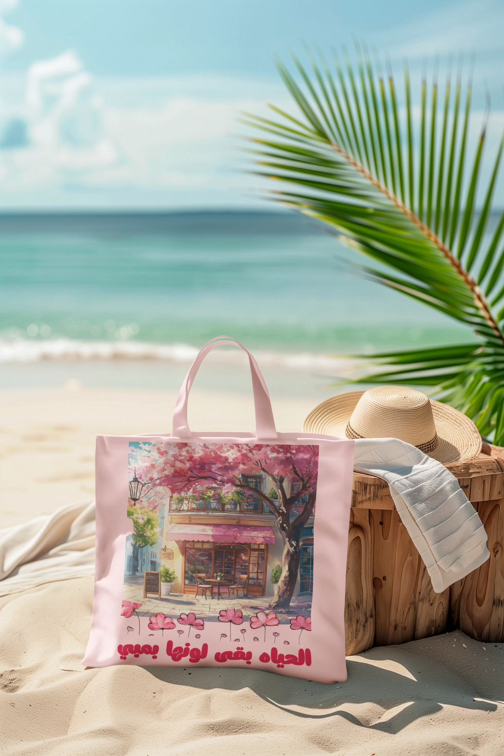 شنطة بمبيsummer-mockup-featuring-an-ai-created-tote-bag-lying-on-the-beach-m40694