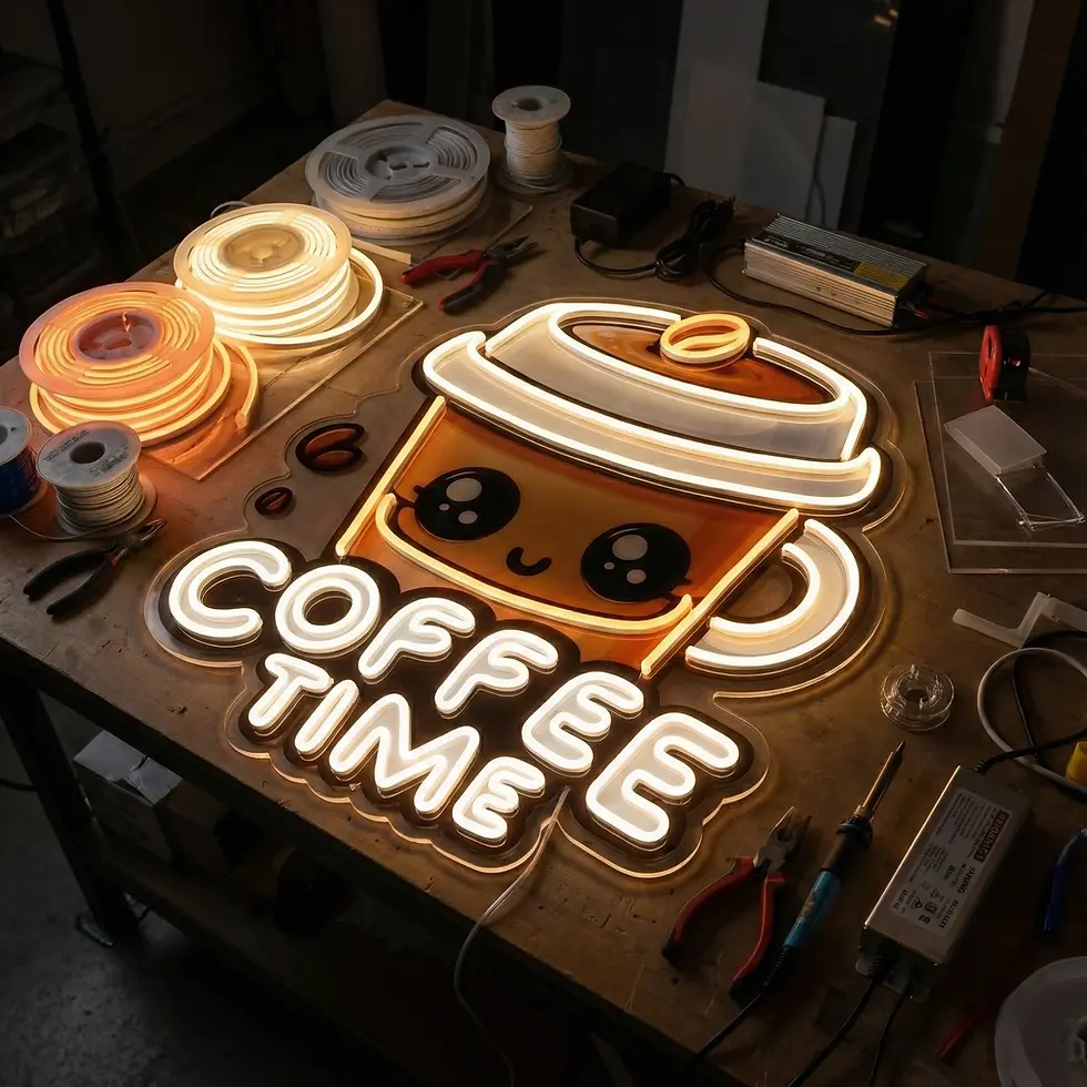 Thumbnail: UV Baskılı Sevimli Kahve Bardağı Neon Tabela – Coffee Time Yazılı