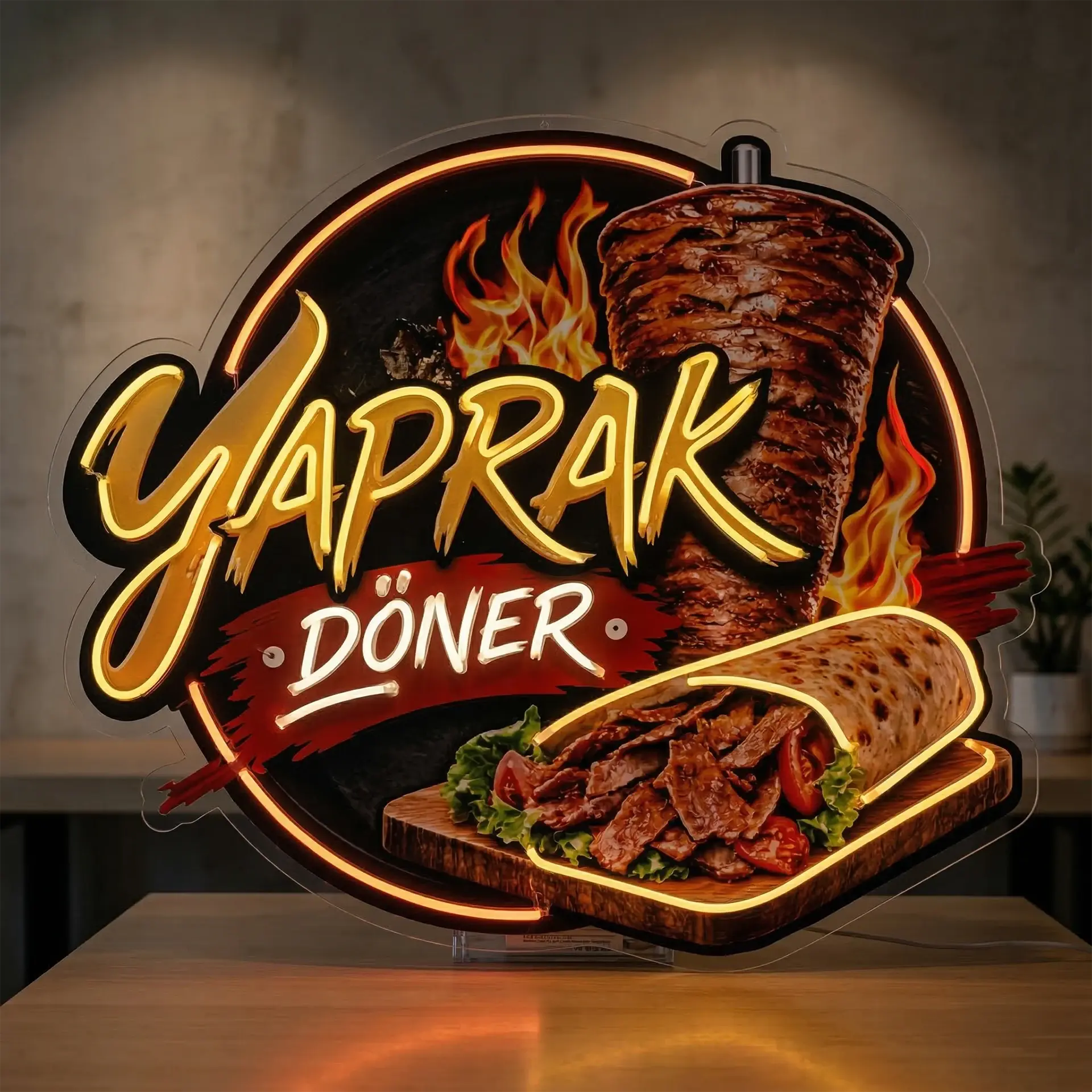 yaprak et döner neon ışıklı tabela