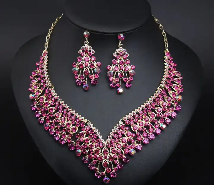 Luxury 2 Pc Designer Women's Necklace and Ear Ring Burgundy