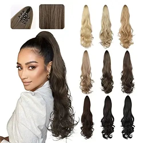 Thumbnail: 24" Long Curly Ponytail Extension with Claw Clip – Maroon Gold Highlight