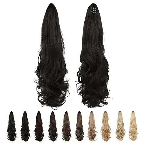 Thumbnail: 24" Long Curly Ponytail Extension with Claw Clip – Maroon Gold Highlight