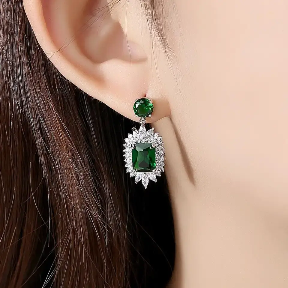Women's Silver and Green Ear Ring
