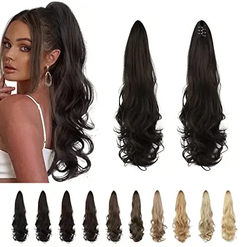 Thumbnail: 24" Long Curly Ponytail Extension with Claw Clip – Maroon Gold Highlight