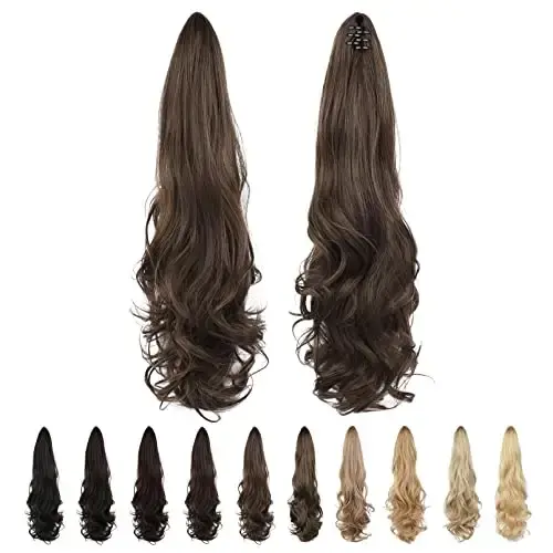 Thumbnail: 24" Long Curly Ponytail Extension with Claw Clip – Maroon Gold Highlight