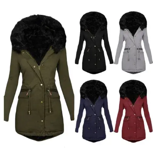 Thumbnail: Long Woolen Women's Solid Color Fur Collar Hooded Long Warm Zipper Padded Jacket