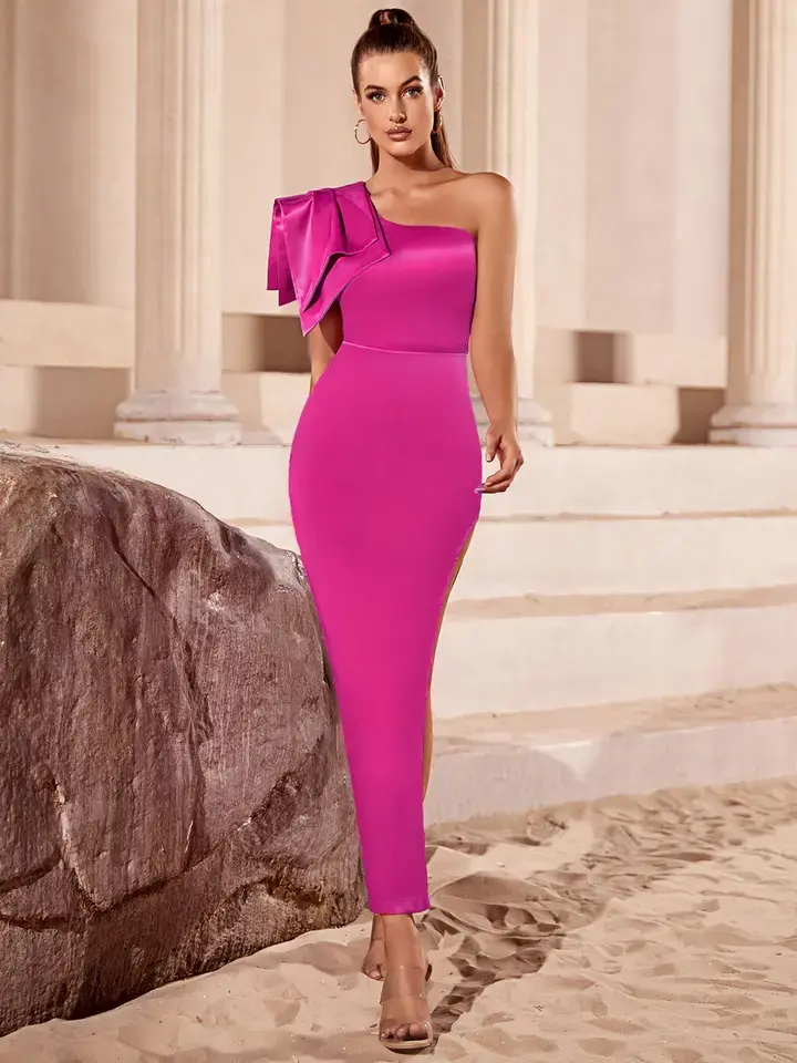 Thumbnail: Stylish Lady Formal Evening Dress, One-Shoulder with Slit Rose Red