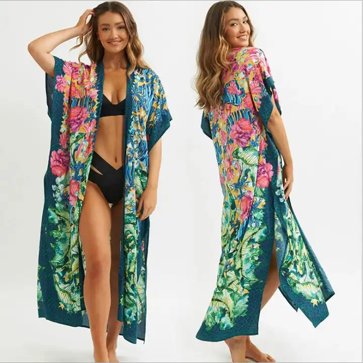 Top Quality Casual Floral Print Long Cardigan Chifong Women's Beach Cover Up