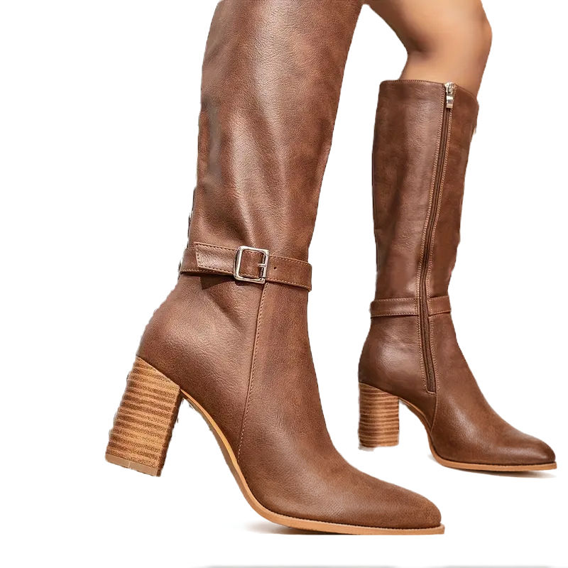 Thumbnail: Brown Women's Elegant Chunky High-Heel Boots Sophisticated Style for All Seasons