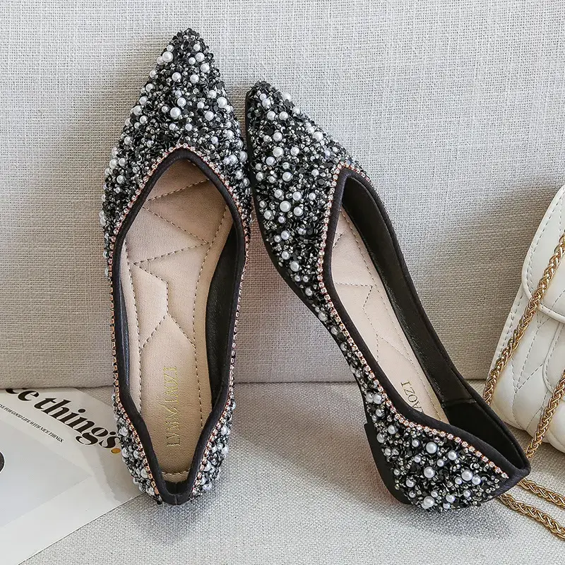 Miniaturbild: Silk Fabric Flat Shoes Women Pointed Toe Luxury Rhinestone Pearl Glitter Ladies