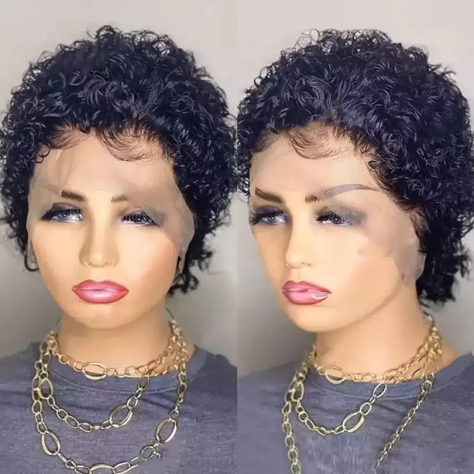 Thumbnail: New Natural Black Short Curly Pixie Wig – Aligned Raw Virgin Human Hair & Chemic