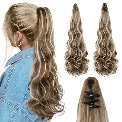 Thumbnail: 24" Long Curly Ponytail Extension with Claw Clip – Maroon Gold Highlight
