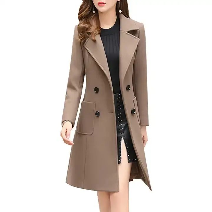 Thumbnail: Women's Winter Wool Blend Mid-Long Notch Double-Breasted Lapel Jacket Outwear
