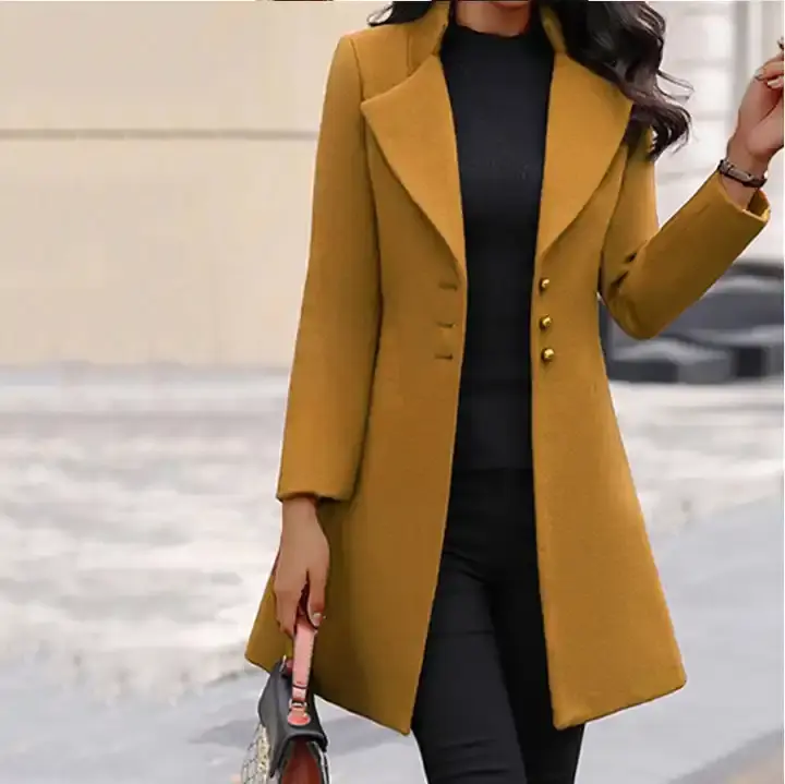 Thumbnail: Women's Winter Wool Blend Mid-Long Notch Double-Breasted Lapel Jacket Outwear