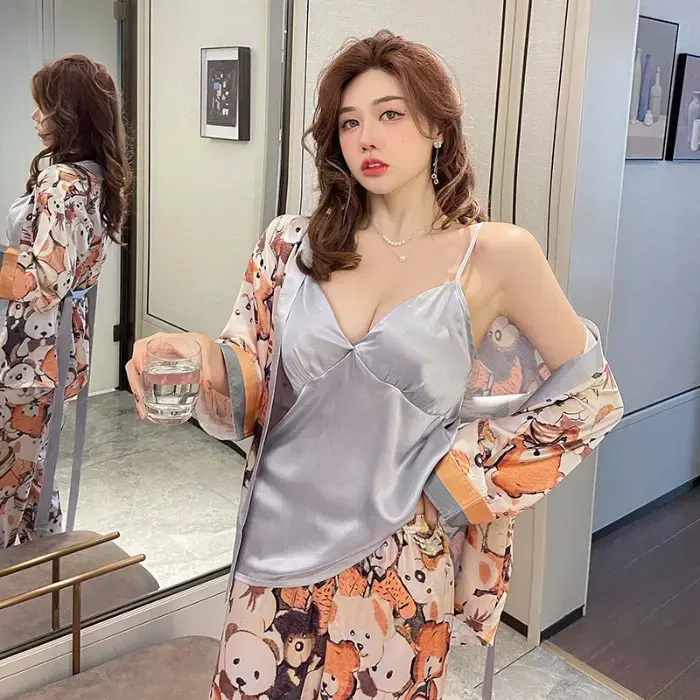 Thumbnail: 3-in-One, Silk Satin Pajama Set Luxury, Print Sleepwear Lady Set Silk paja