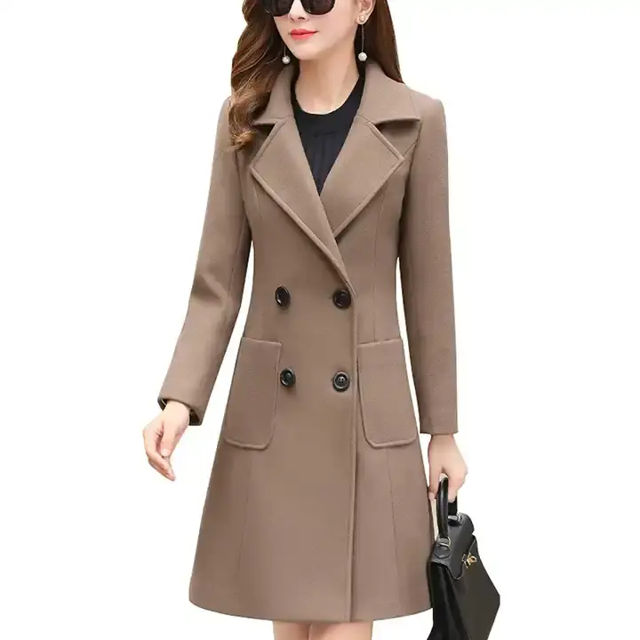 Thumbnail: Women's Winter Wool Blend Mid-Long Notch Double-Breasted Lapel Jacket Outwear