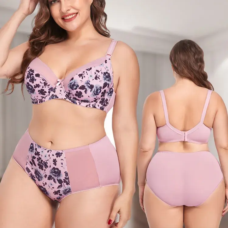Miniaturbild: Nice, Comfortable, Plus Size Bra Set, Floral, Plus-size Women, Bra and Panties