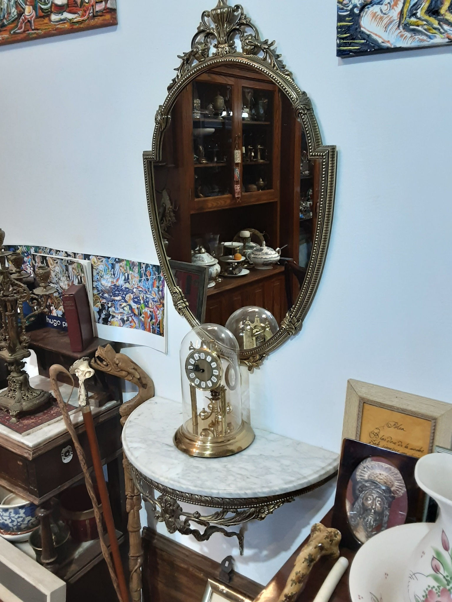 Consola vintage de bronce y màrmol con espejo de bronce