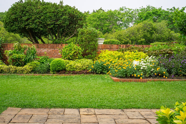 Backyard English cottage garden, colorful flowering plant and green grass lawn, brown pave