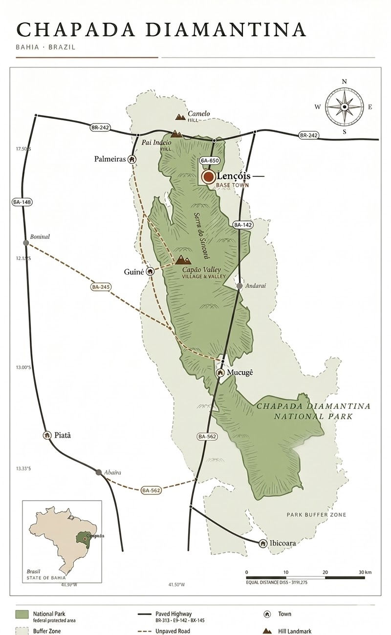 Illustrated map of the Chapada Diamantina region, Bahia, showing the main base towns, landmarks, roads, the national park, and distances from Lençóis.