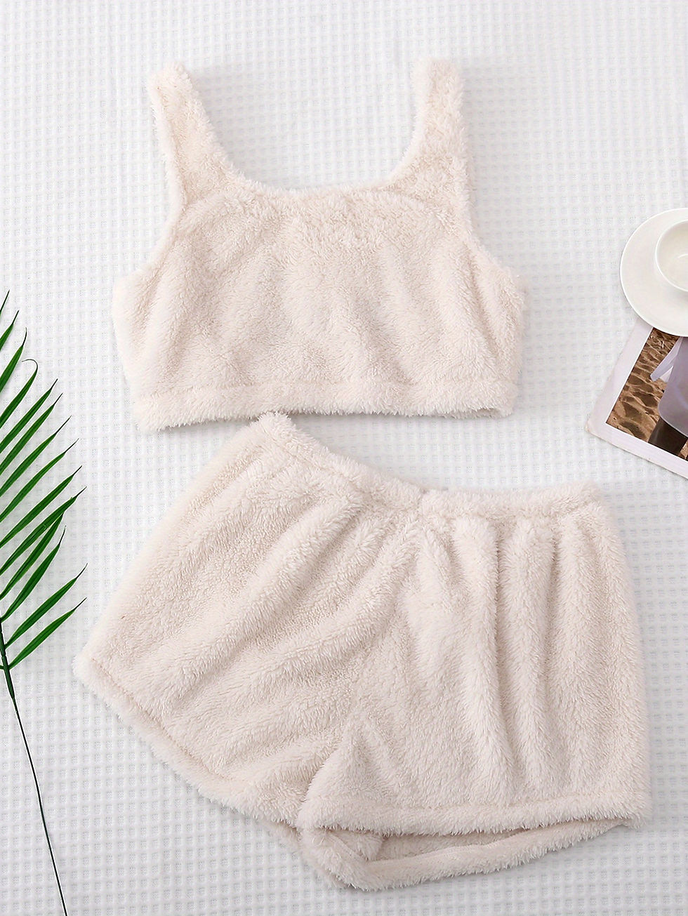 Thumbnail: Cat Print Plush Pajama Set, Crew Neck Tank Top & Elastic Waistband Shorts, Women
