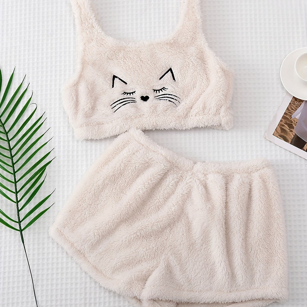 Thumbnail: Cat Print Plush Pajama Set, Crew Neck Tank Top & Elastic Waistband Shorts, Women