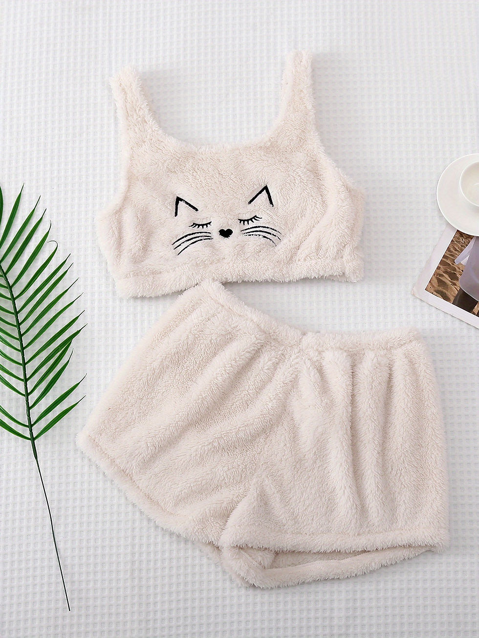 Thumbnail: Cat Print Plush Pajama Set, Crew Neck Tank Top & Elastic Waistband Shorts, Women