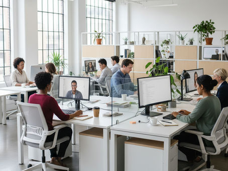 Open-plan office with eight people at white desks and computers, some on video calls, in a bright modern workspace with plants