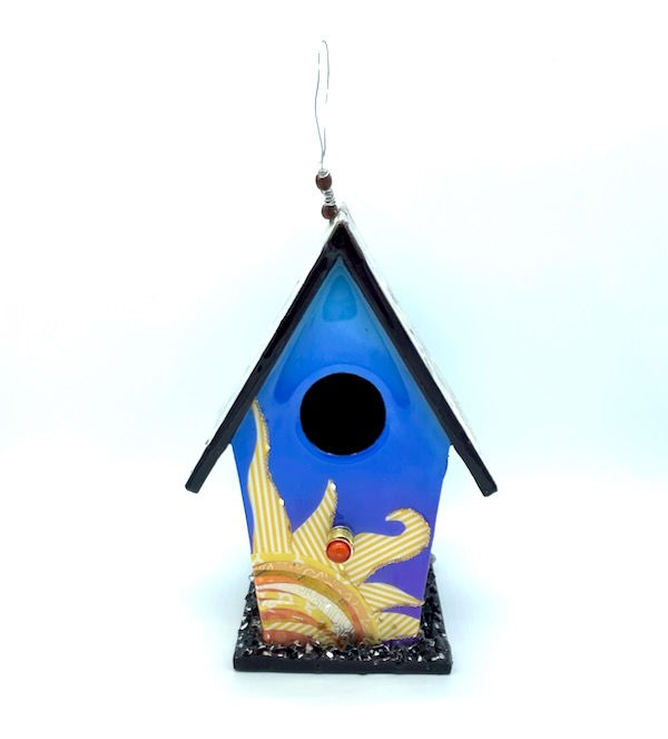 Thumbnail: Front view of a blue birdhouse with a large yellow sun outlined in beads.