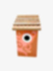 Front view of an orange bluebird box with hand painted peach flowing swirls and a tan roof with pink shimmering details.