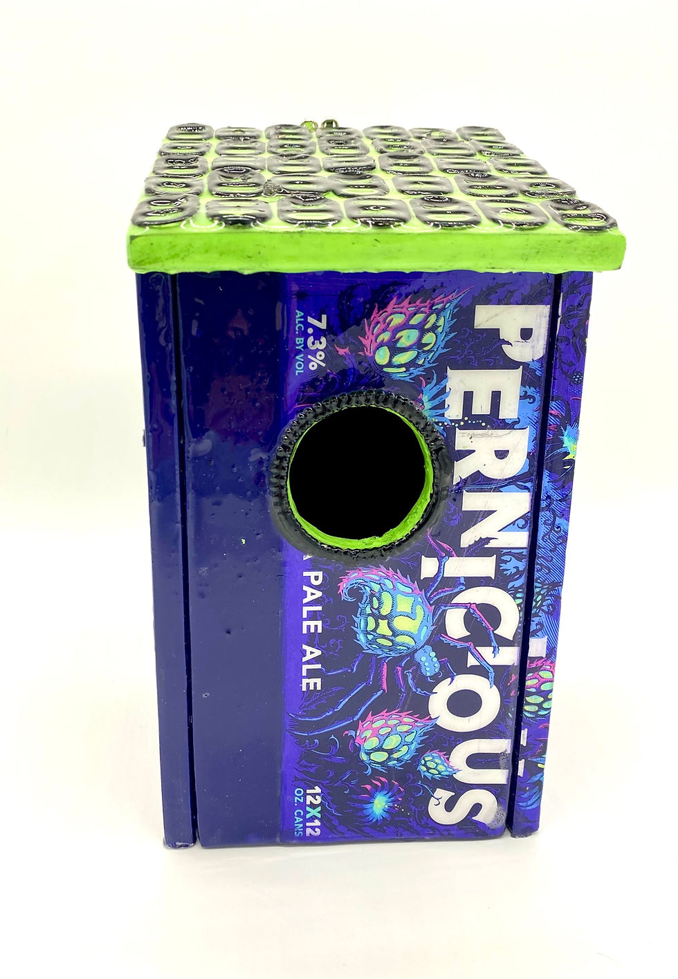 Thumbnail: Front view of a purple bluebird box with a Wicked Weed Pernicious theme with a green roof that has a beer pull tab pattern.
