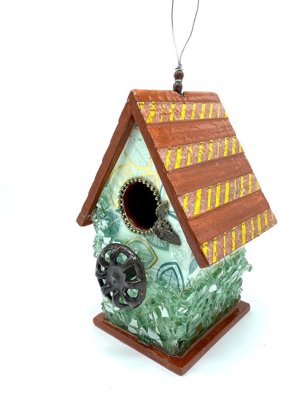 Thumbnail: Side view of an aqua birdhouse with a sienna brown roof with shimmering gold stripes.