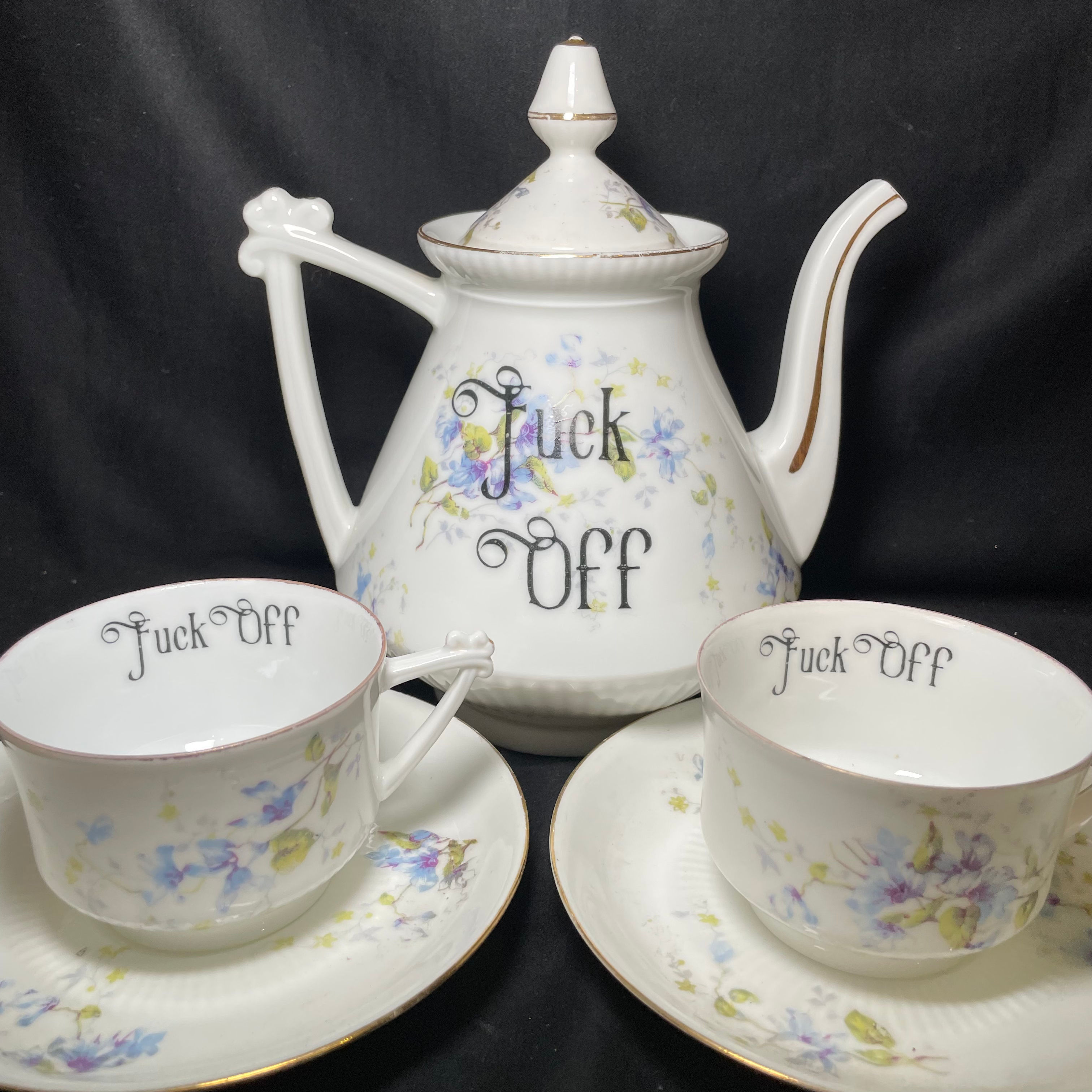 Fuck Off tea set,Unique upcycled French vintage porcelain, funny rude gift
