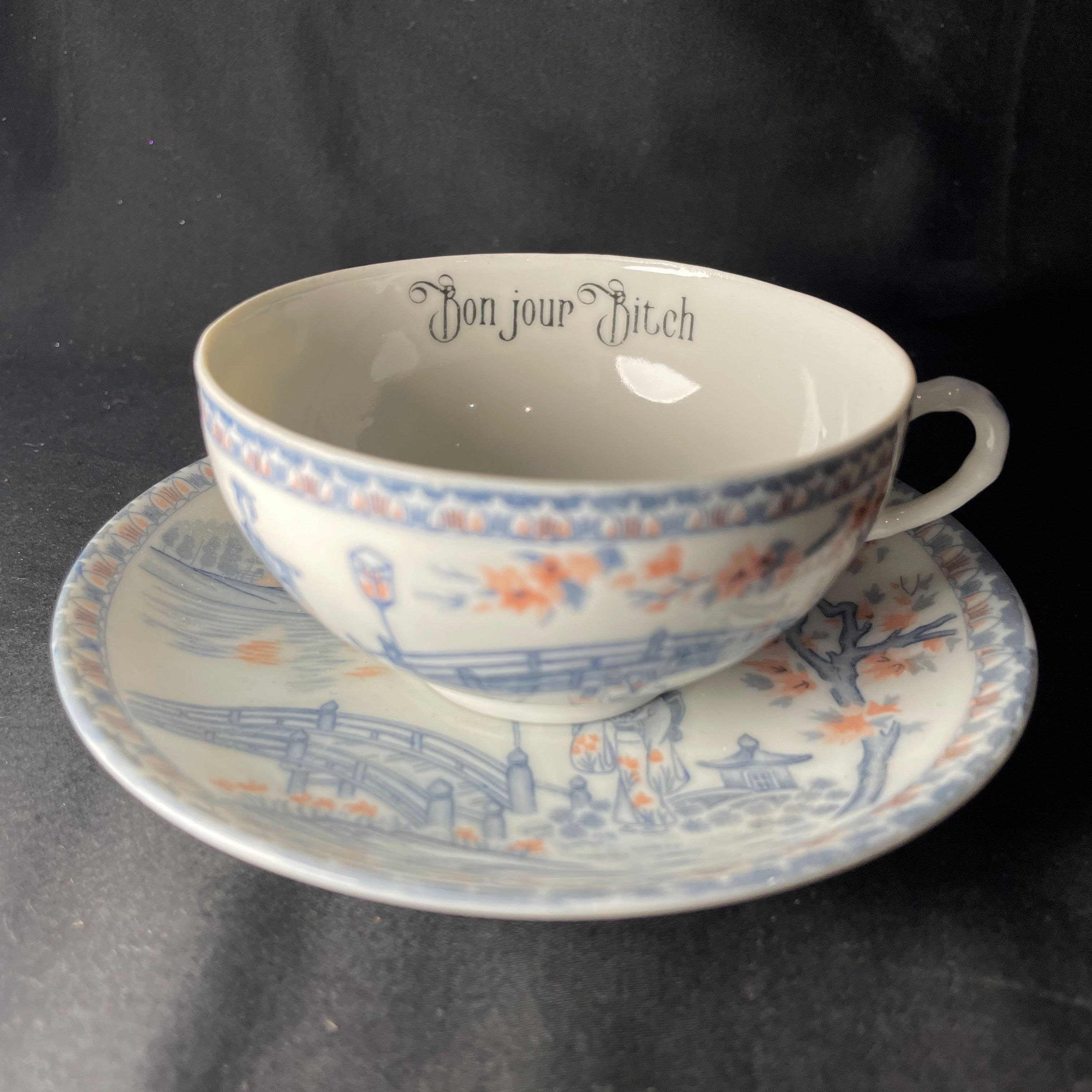 Bonjour Bitch, funny, vintage upcycled French porcelain cup and saucer gift