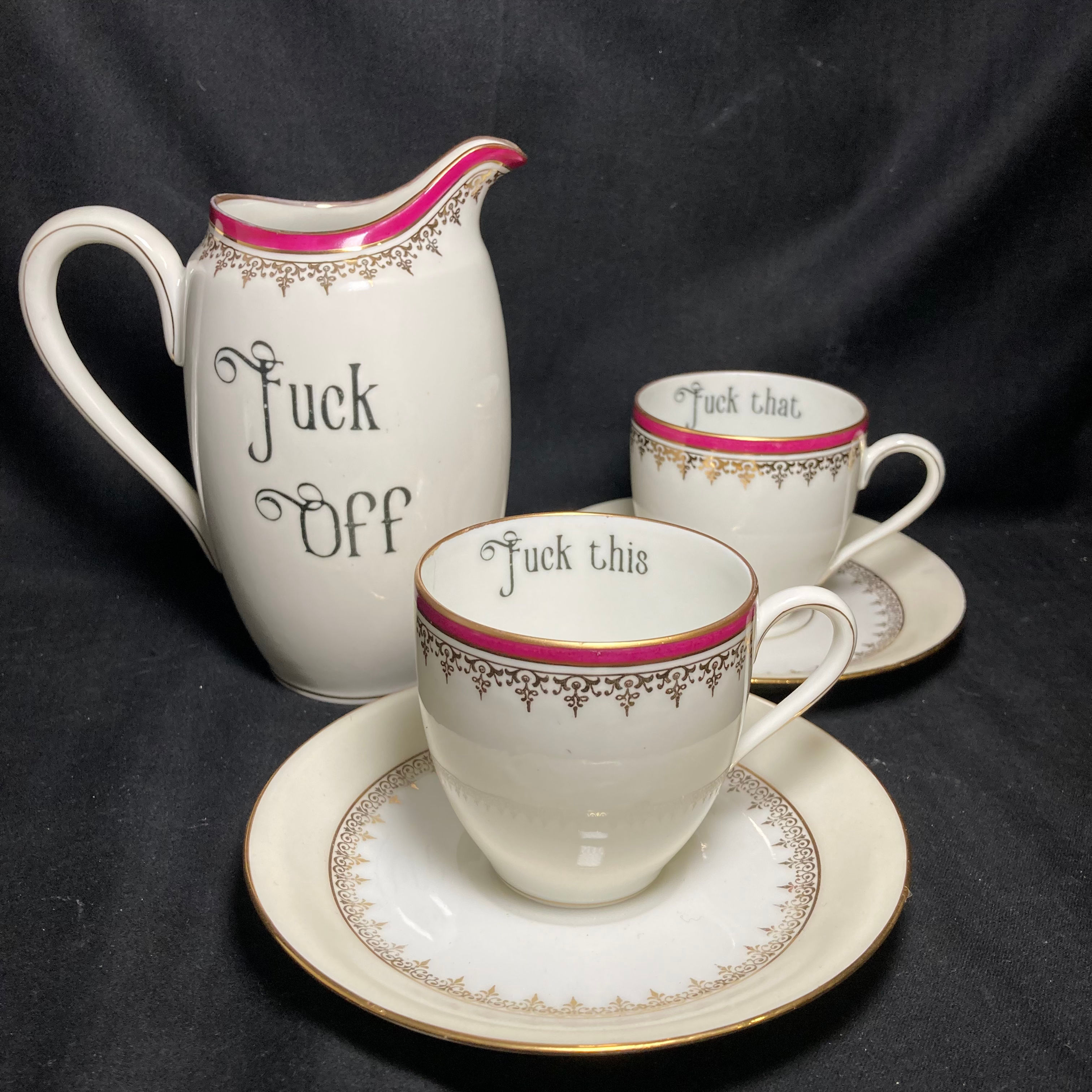 Fuck Off espresso coffee set, Unique upcycled vintage french porcelaine gift