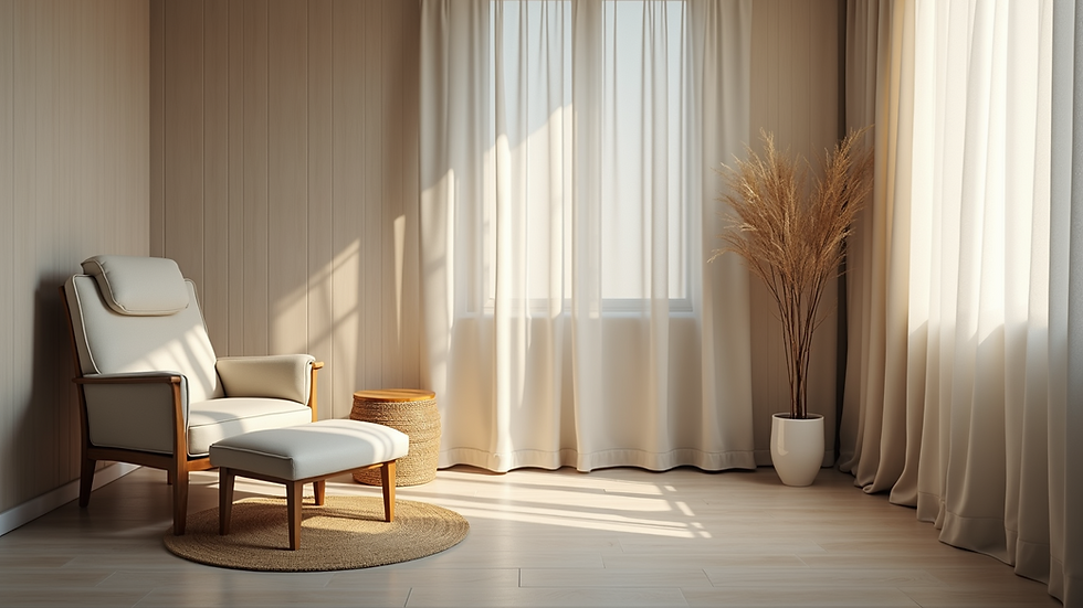 High angle view of a calm therapy room with a comfortable chair and soft lighting
