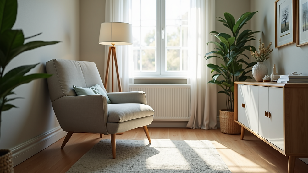 Eye-level view of a therapist's office with a comfortable chair and calming decor