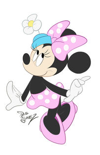 Minnie Mouse in pink polka dot dress and blue beanie