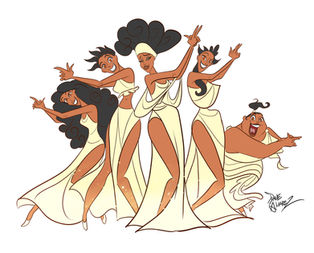 Five animated women in flowing dresses dancing