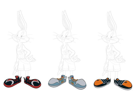 Three pairs of Bugs Bunny shoes: red, blue sandals, and orange