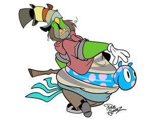 Cartoon witch struggles with tied-up creature by Dave Alvarez