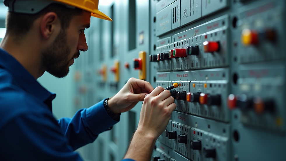 Close-up view of an electrician testing circuit breakers in an industrial control panel